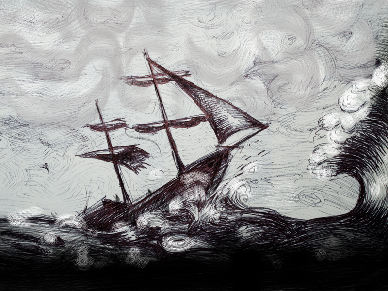 Un dessin de bateau dans une tempête